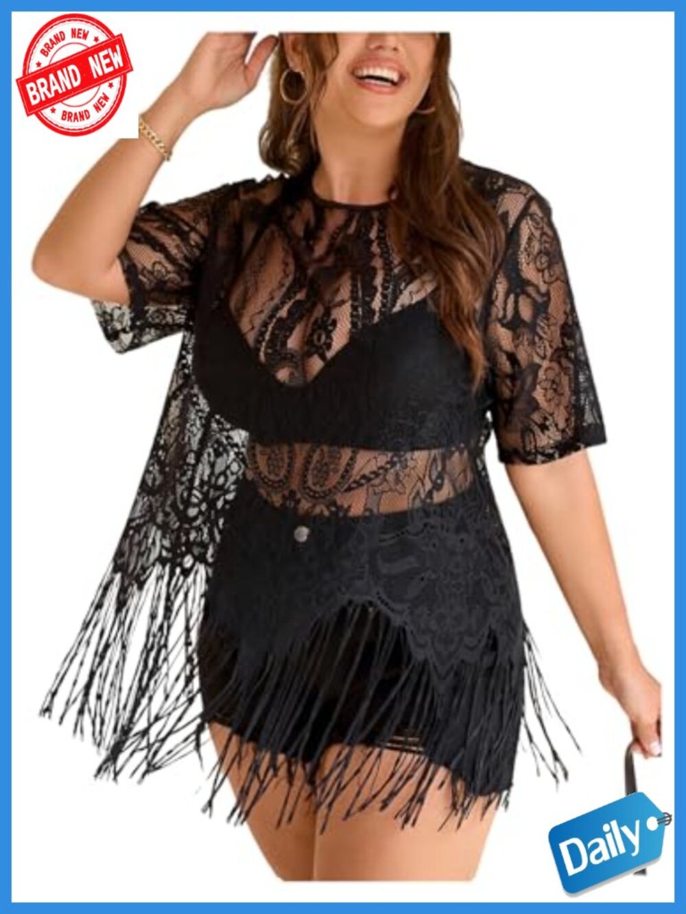 Plus Size Fringe Lace Boho Top, Sheer Mesh Short Sleeve, Tassel Hem, Festival